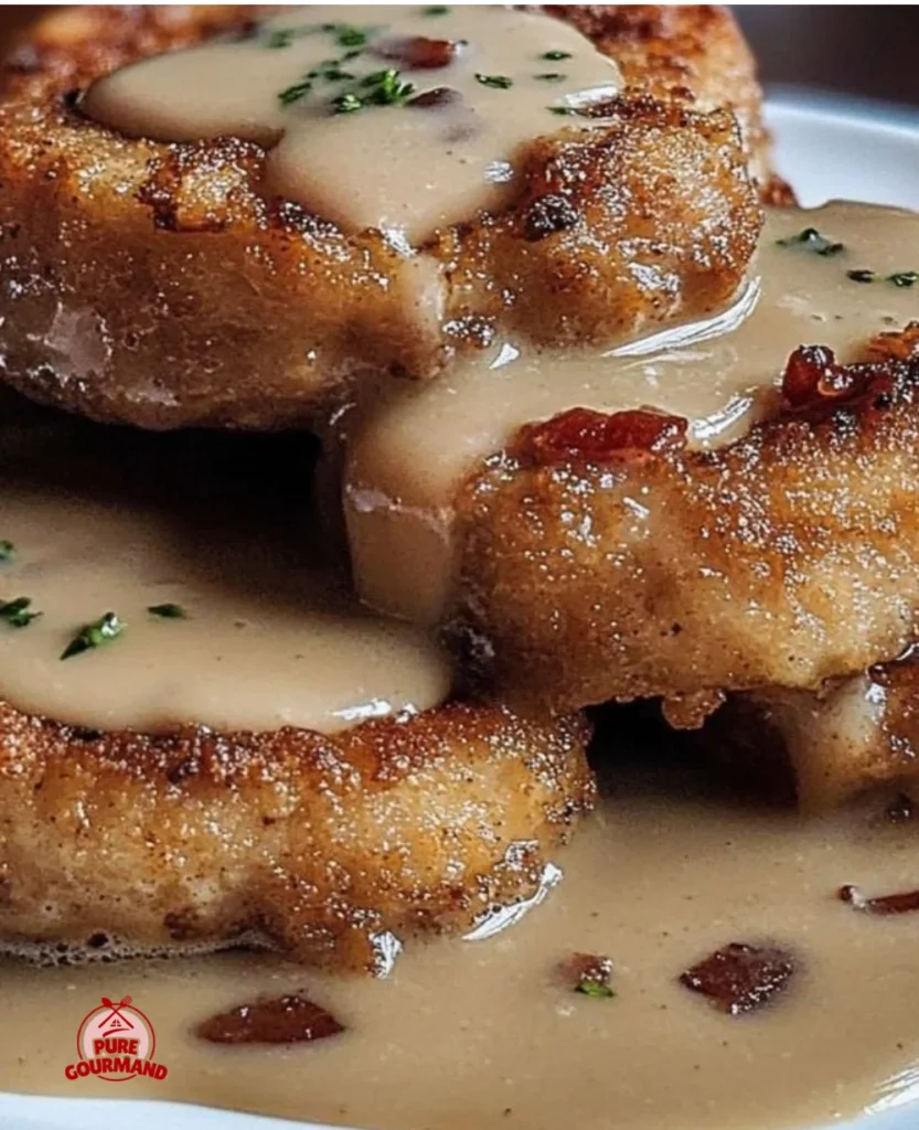Delicious country fried pork chops topped with bacon gravy