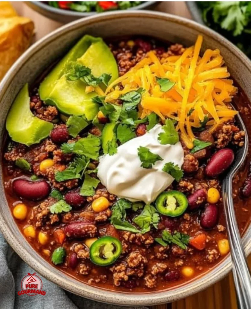 A bowl of classic ground-beef chili garnished with fresh herbs and served with bread.