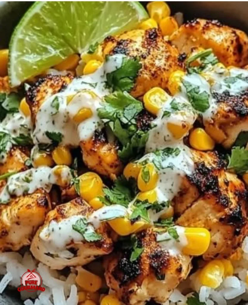 Delicious street corn chicken rice bowl with vibrant toppings and flavors.