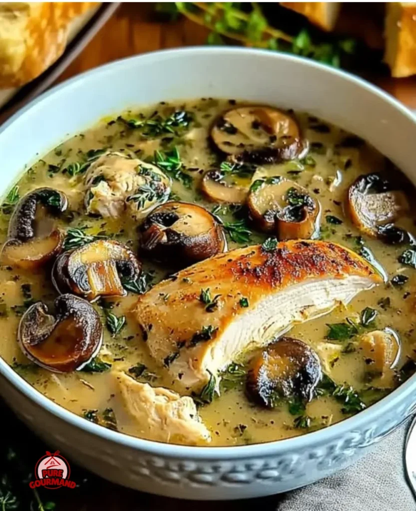 Creamy chicken mushroom soup in a bowl, garnished and steaming hot.