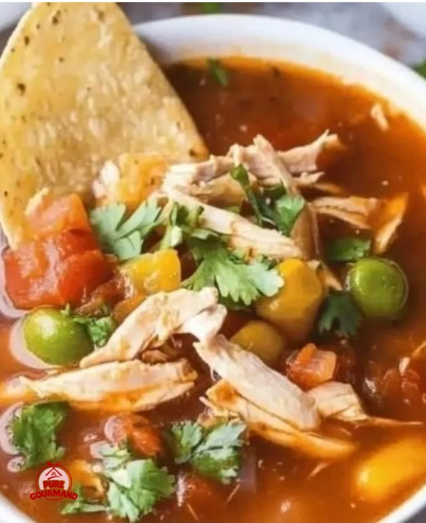 Bowl of easy chicken tortilla soup topped with tortilla strips and avocado
