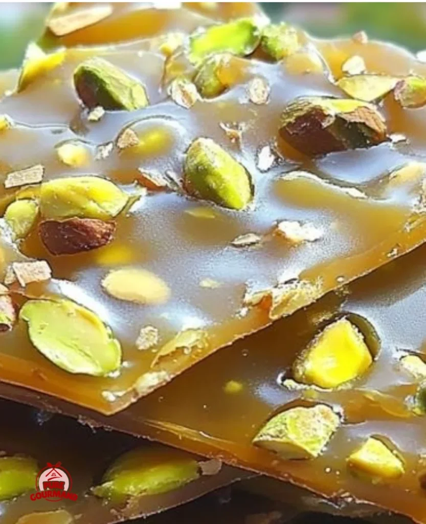 Delicious pistachio brittle with a golden, crunchy texture.