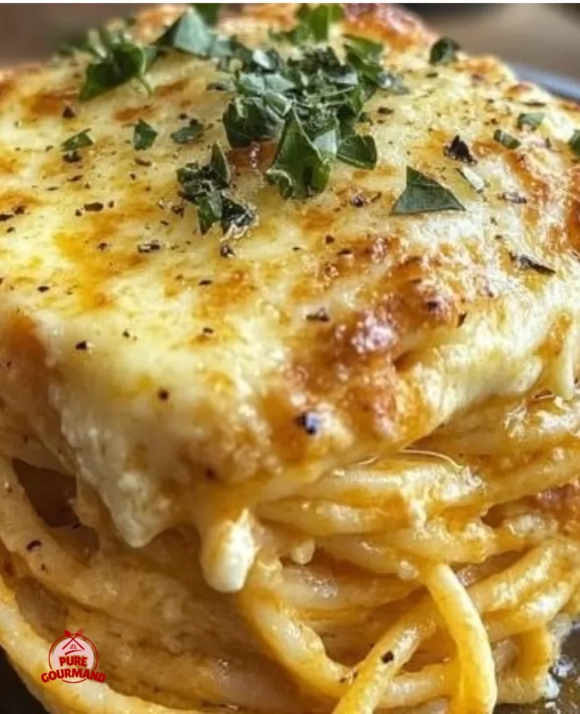 Cream Cheese Baked Spaghetti Casserole served in a dish, topped with melted cheese.