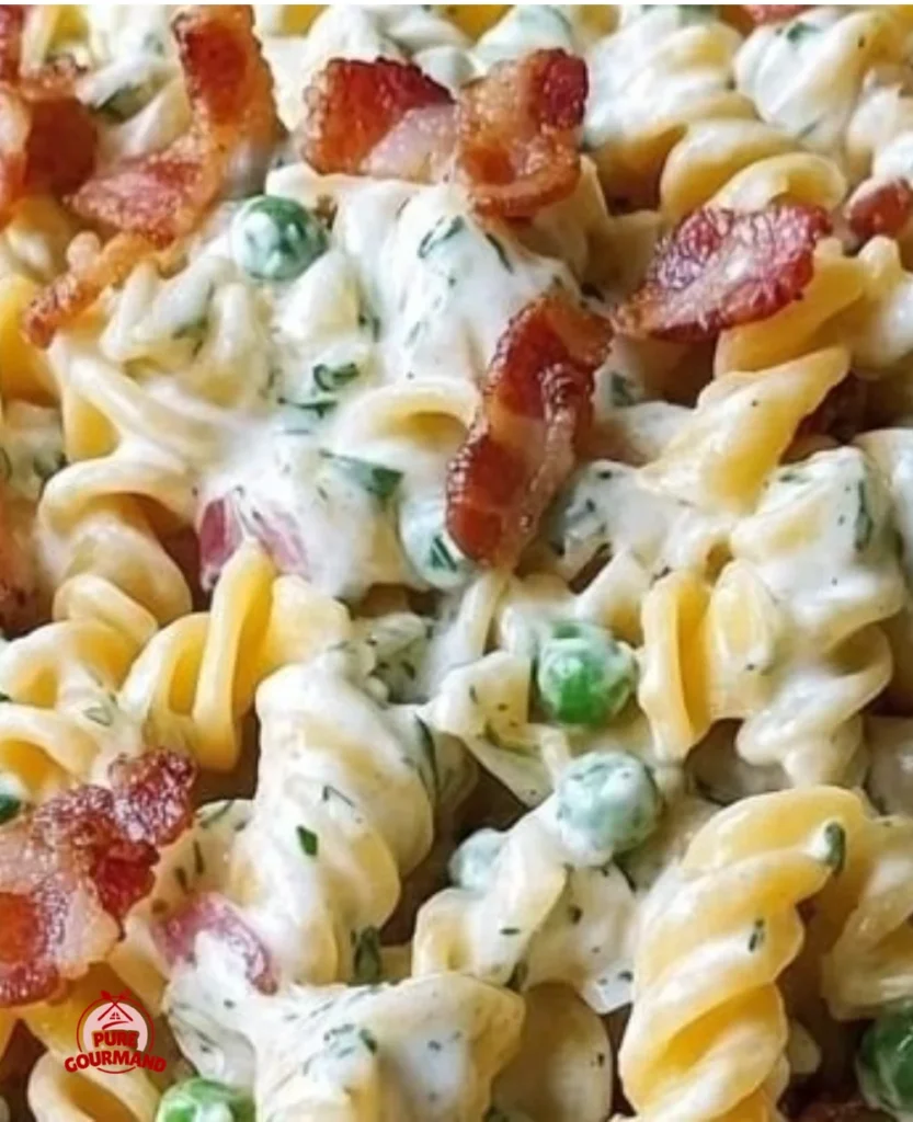 Creamy bacon ranch pasta salad in a bowl with fresh ingredients