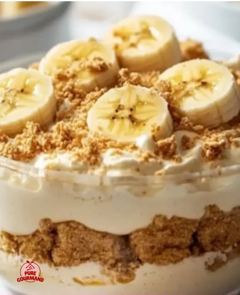 Delicious creamy Biscoff banana pudding served in a glass dish