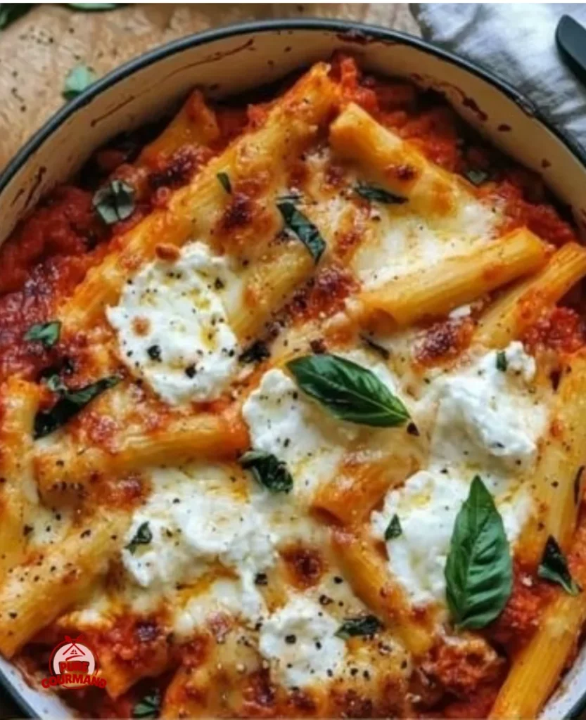 Creamy burrata baked ziti served in a cozy dining setting