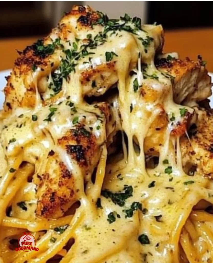 Creamy Cajun Chicken Spaghetti with garlic mozzarella sauce in a bowl