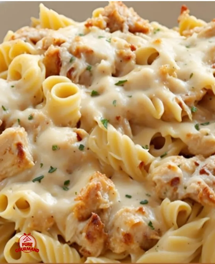Creamy cheesy chicken pasta dish with tender chicken and rich sauce