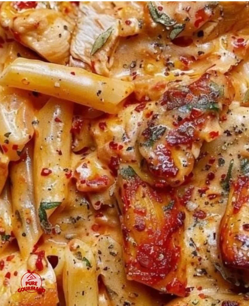 Creamy chicken mozzarella pasta dish garnished with herbs