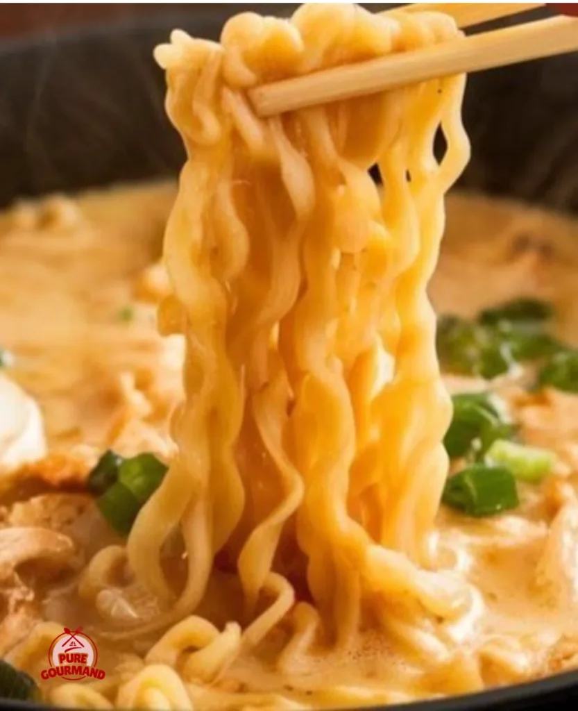 Creamy chicken ramen soup in a bowl, topped with fresh herbs and an egg.