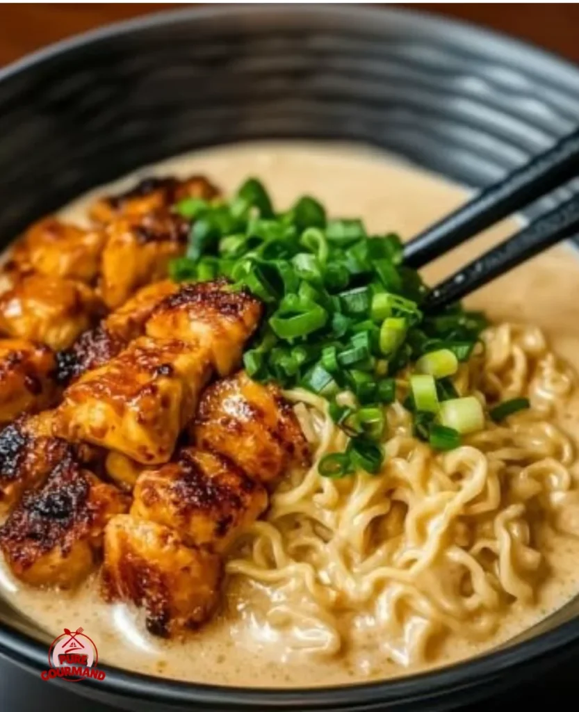 Bowl of creamy chicken ramen with garlic sauce and fresh toppings