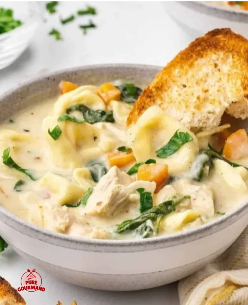 Bowl of creamy chicken tortellini soup with vegetables and herbs.