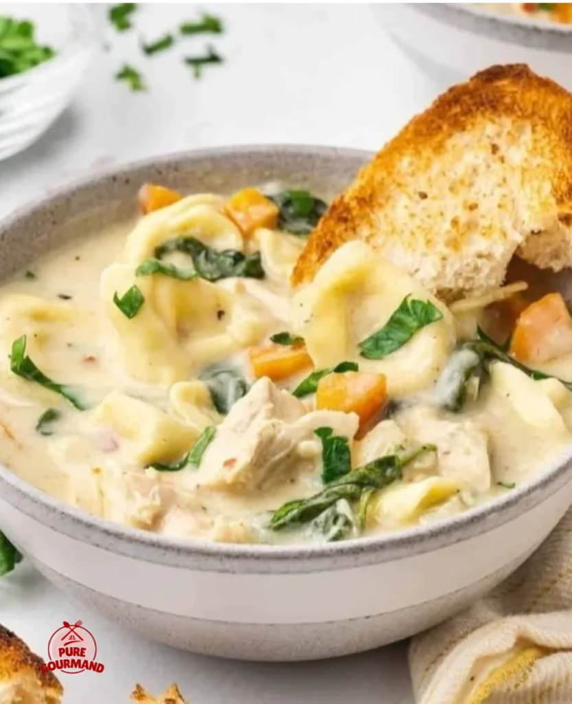 Bowl of creamy Chicken Tortellini Soup garnished with herbs