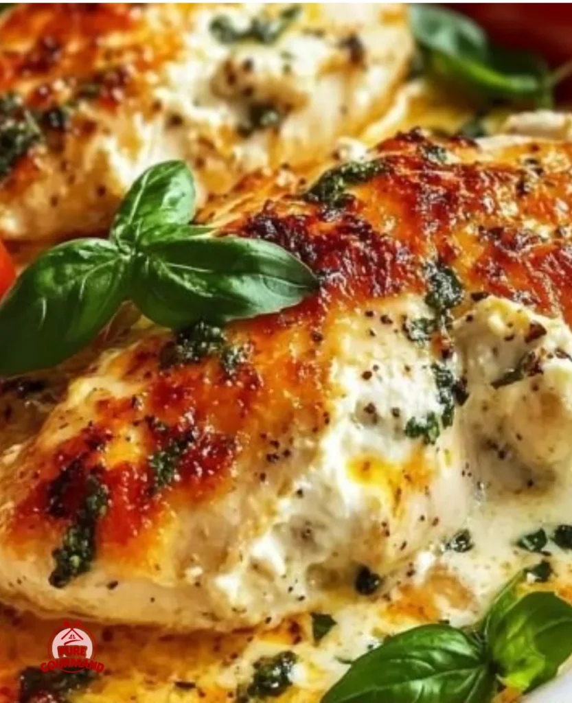Creamy baked ricotta chicken served with herbs and fresh vegetables on a plate.