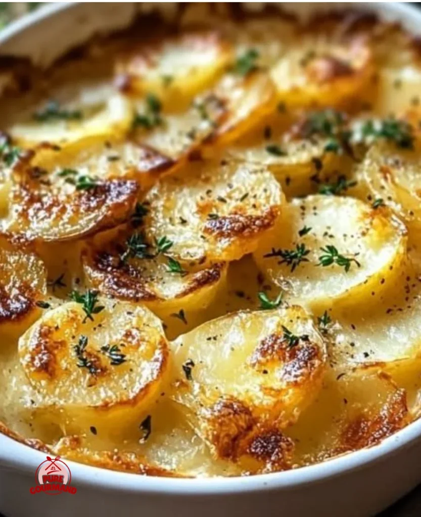 Creamy French onion potatoes baked to perfection, garnished with cheese and herbs.