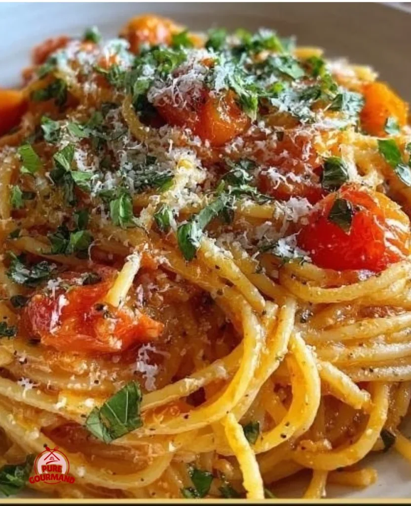 Creamy fresh tomato and garlic pasta served in a bowl, garnished with herbs.