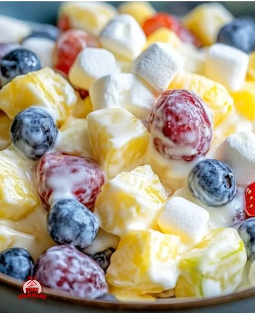 Bowl of creamy fruit salad featuring vibrant mixed fruits and a delicious dressing