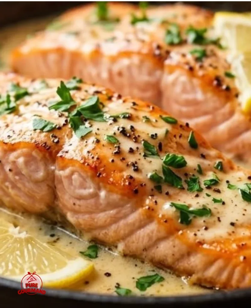 Delicious creamy garlic butter salmon served with herbs and lemon.