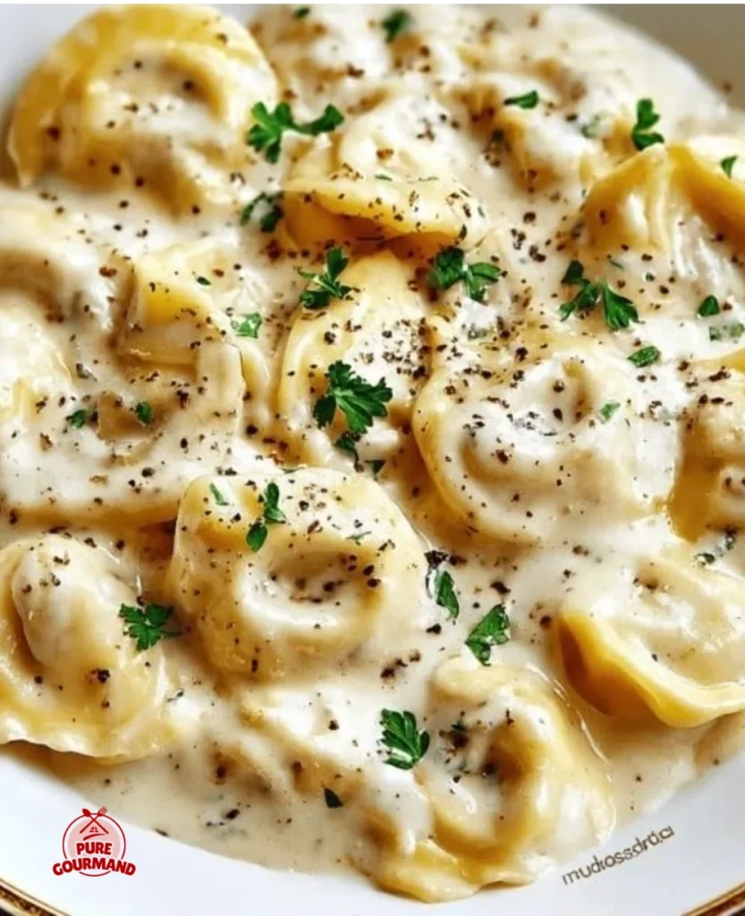 Creamy garlic butter tortellini served in a bowl, garnished with herbs.