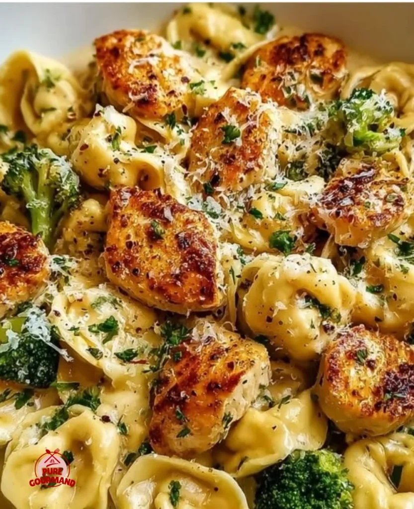 Creamy garlic parmesan chicken tortellini served in a bowl with herbs.