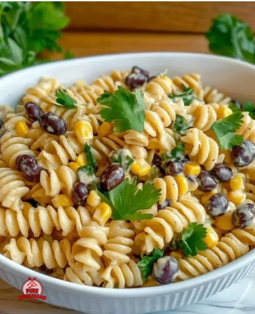Creamy black bean corn pasta salad with fresh vegetables and dressing