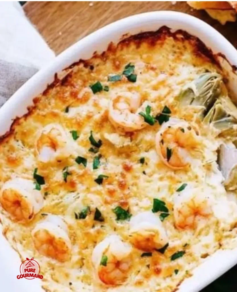 Creamy hot artichoke and shrimp dip served in a bowl, perfect for parties.