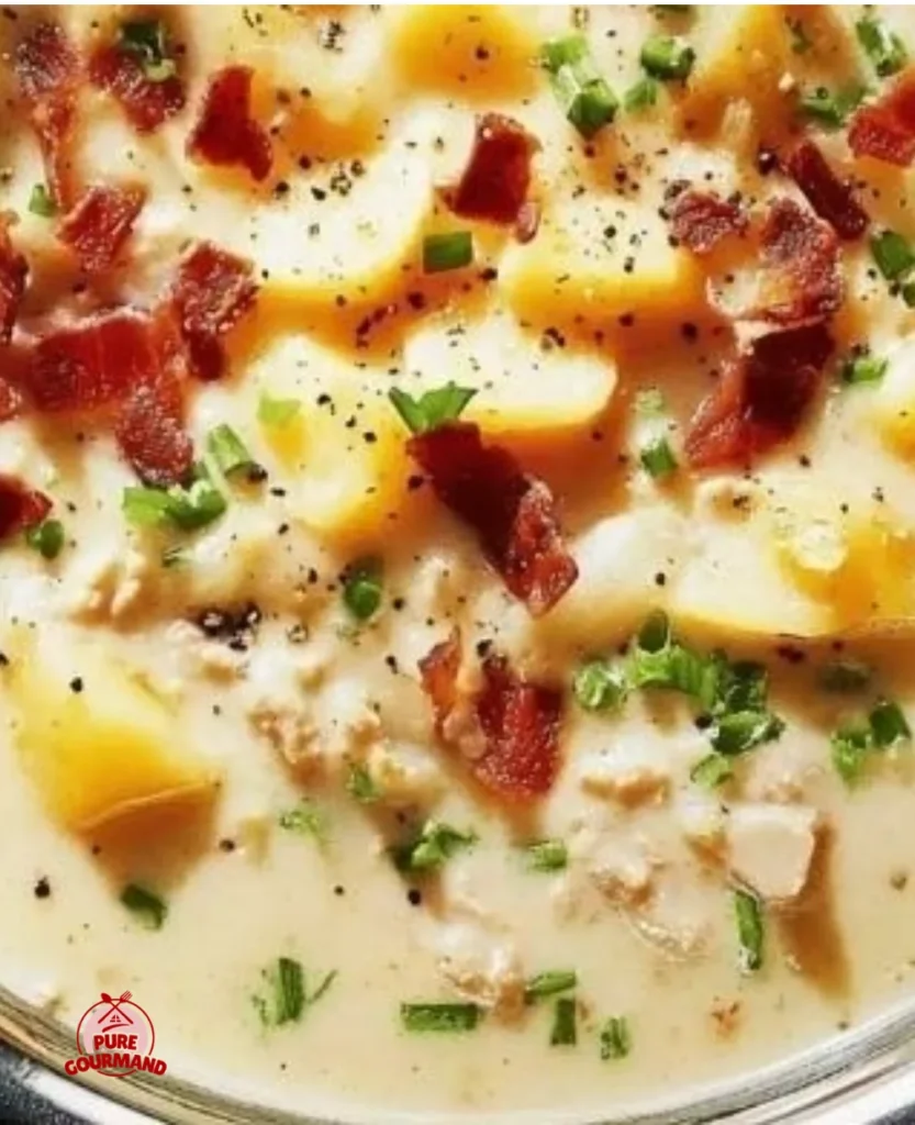 Bowl of creamy Instant Pot potato soup garnished with herbs.