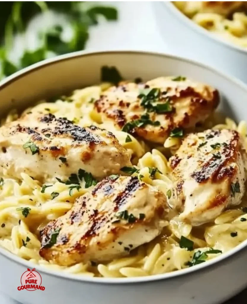 Delicious creamy lemon chicken orzo in a bowl, perfect for a cozy dinner