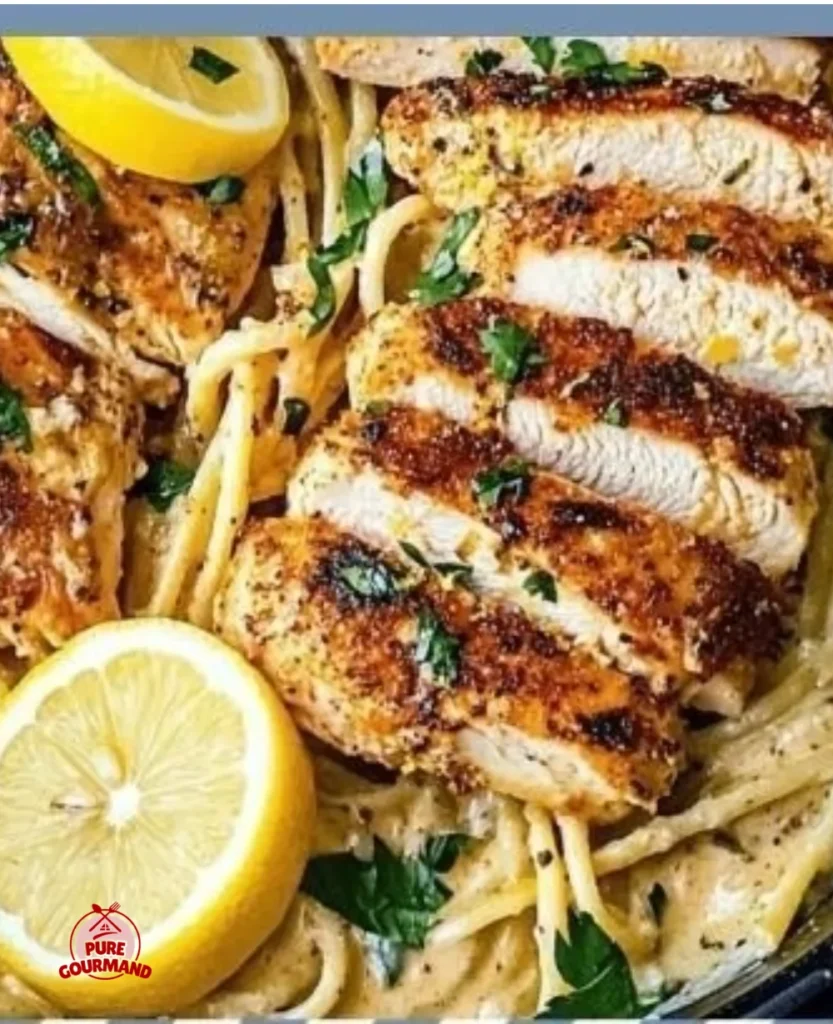 Creamy lemon chicken pasta dish garnished with herbs and lemon slices