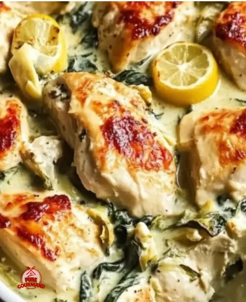 Creamy lemon spinach artichoke chicken bake topped with fresh herbs