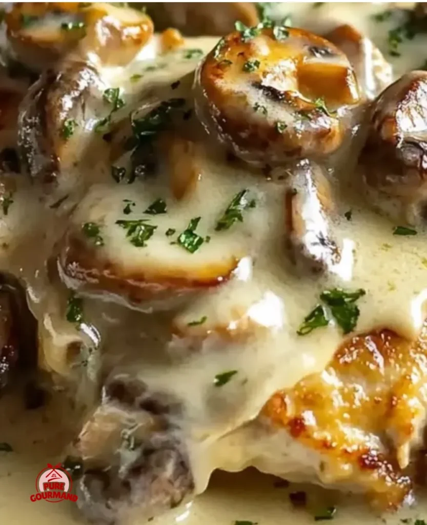 Creamy mushroom asiago chicken served on a plate for a cozy dinner night.