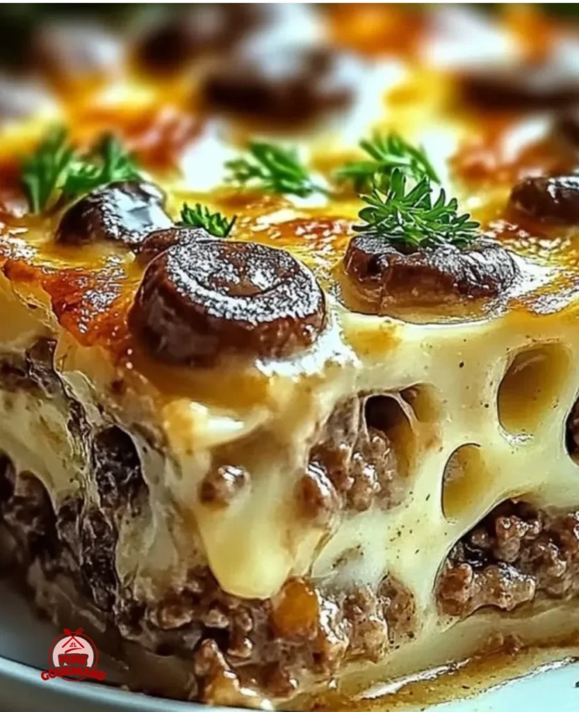 Creamy mushroom and ground beef bake served in a cozy family setting.