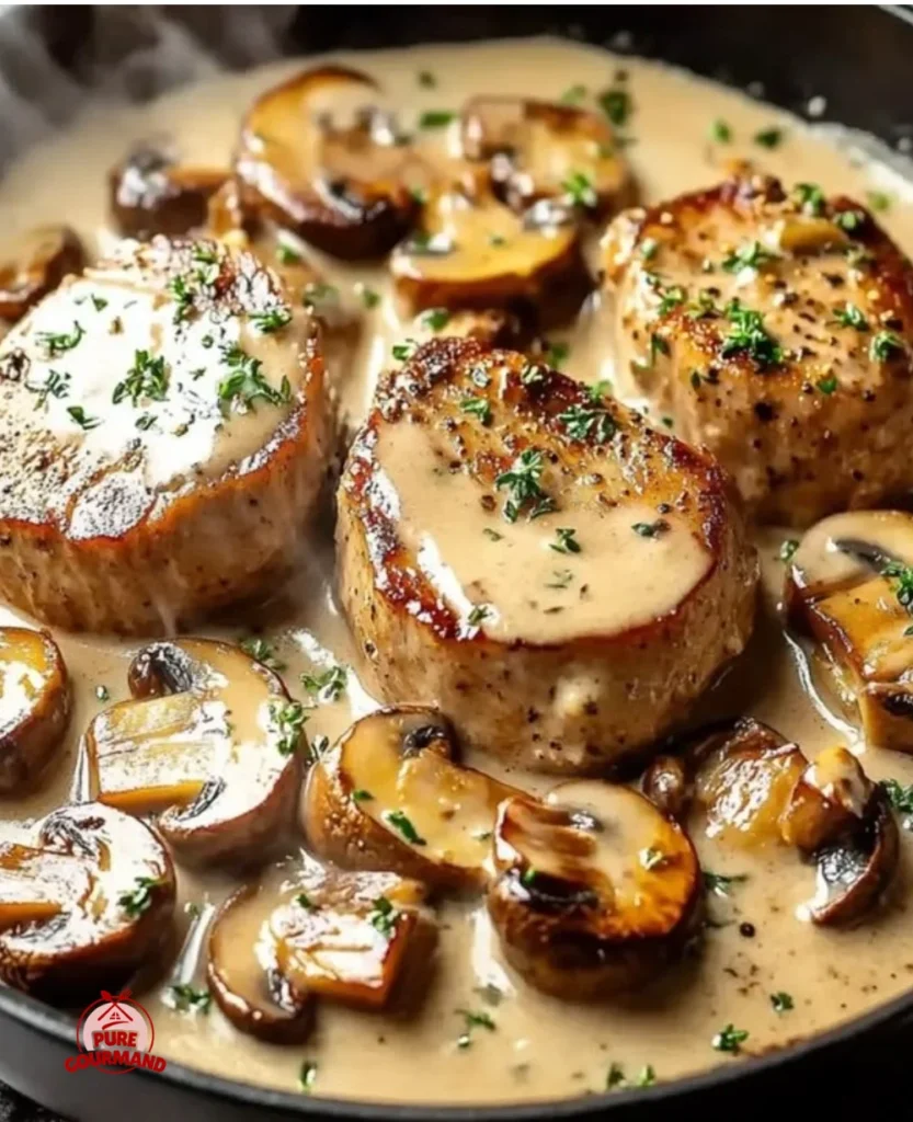 Creamy mushroom pork tenderloin served on a plate with fresh herbs