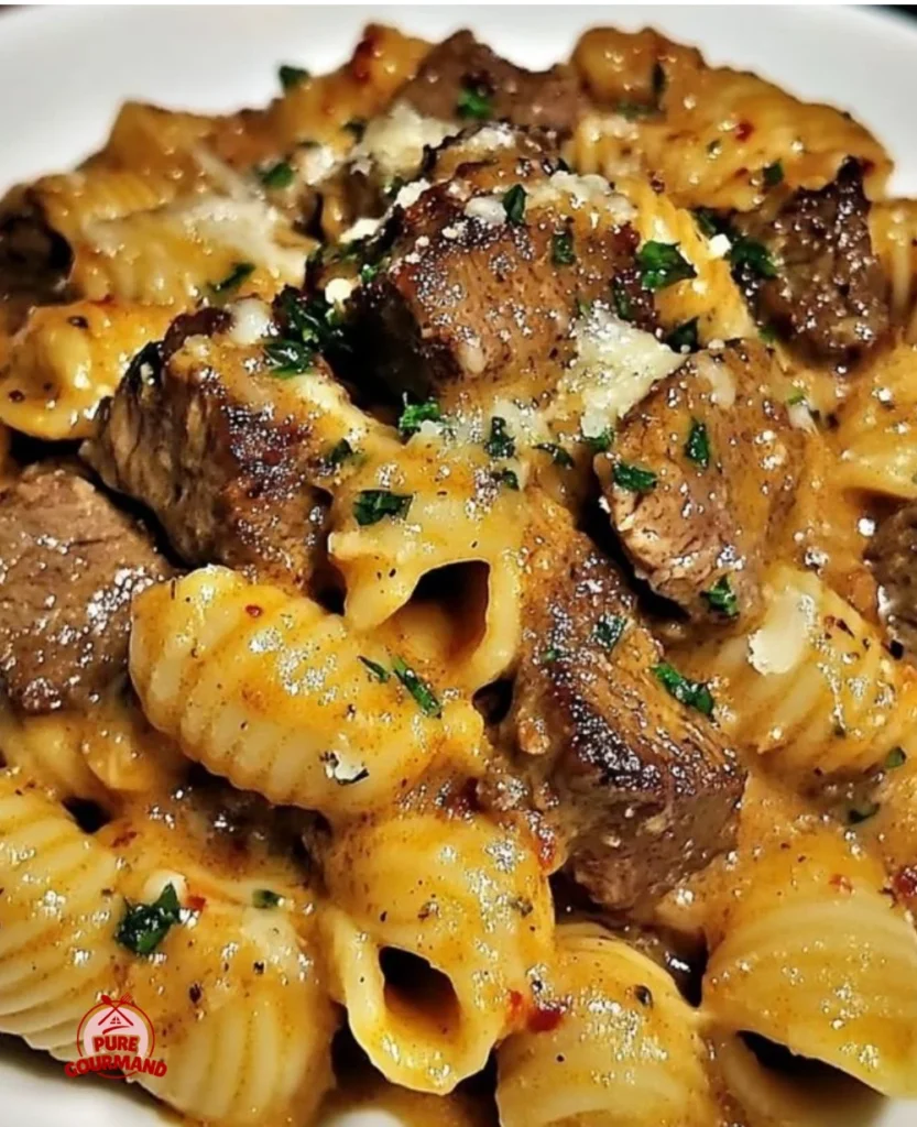 Creamy paprika steak shells served in a bowl with herbs and spices