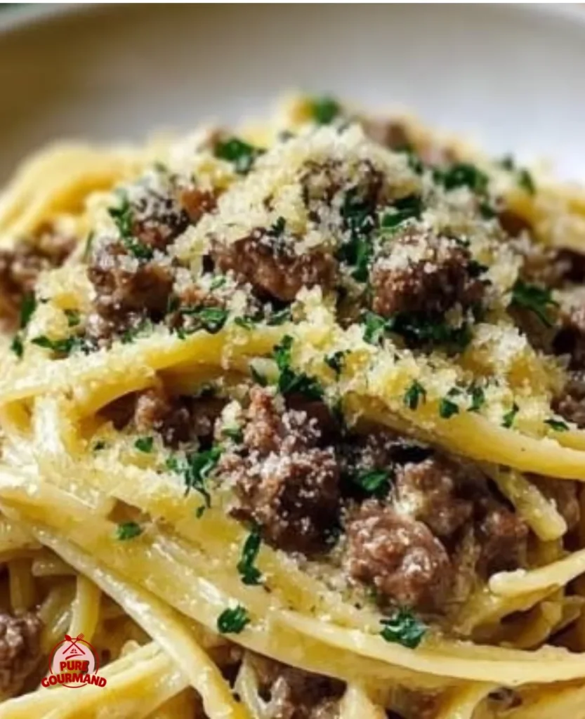 Creamy Parmesan beef linguine with garlic butter sauce served in a bowl
