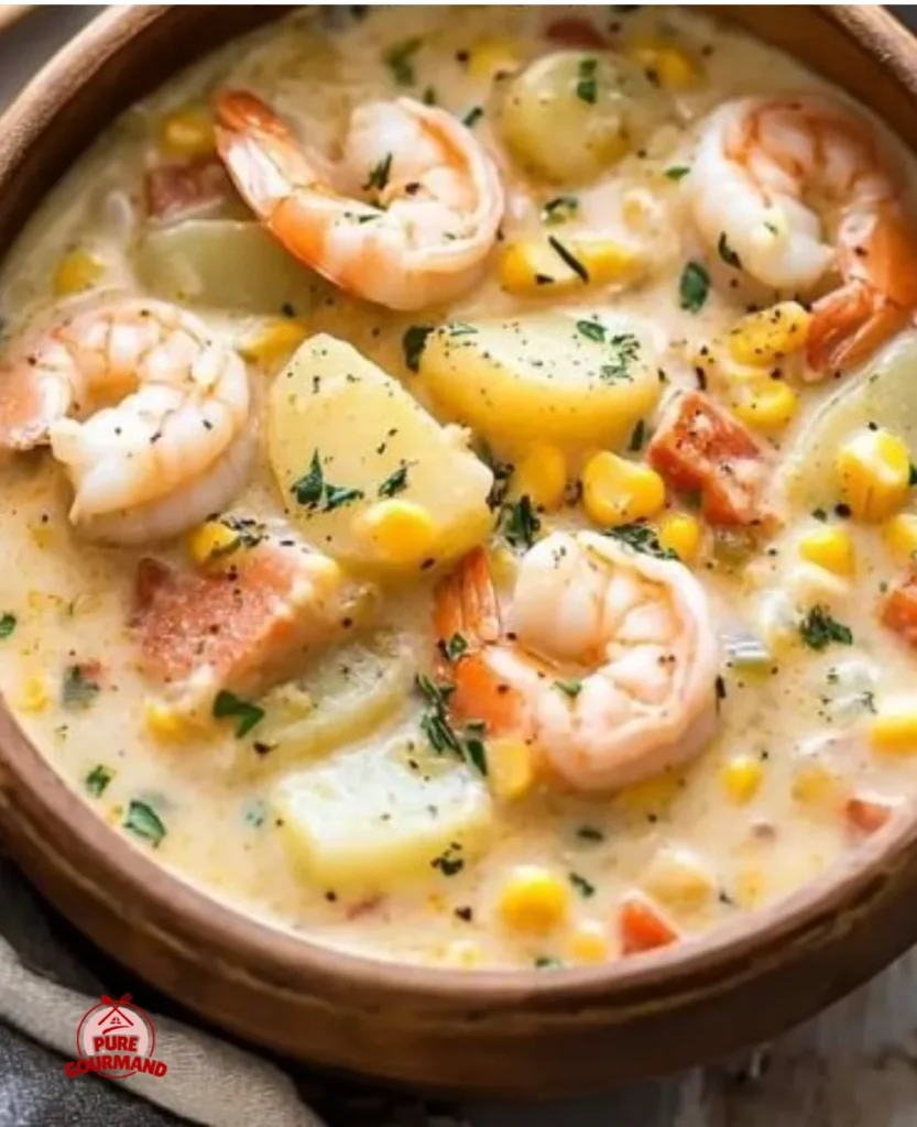 Bowl of creamy potato shrimp chowder garnished with corn and herbs