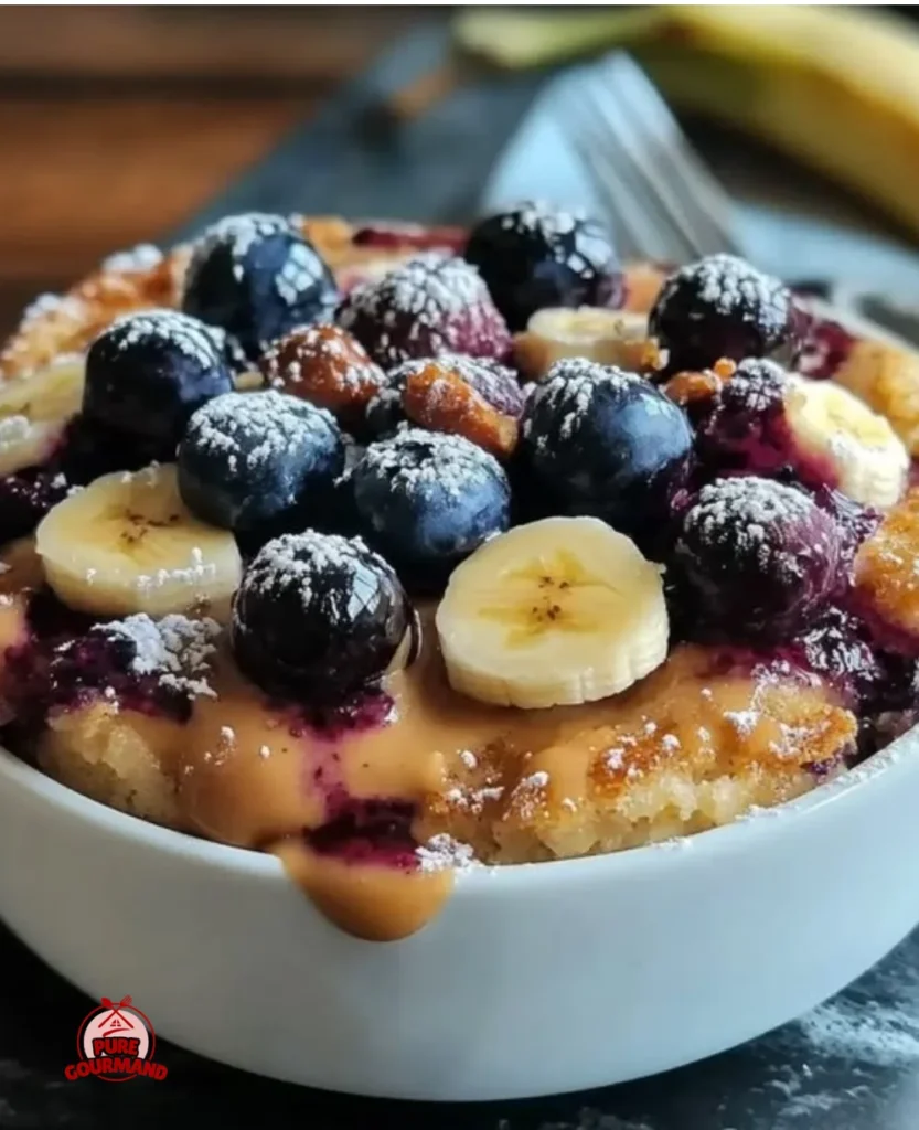 Creamy protein blueberry banana baked oats in a bowl, topped with fresh berries