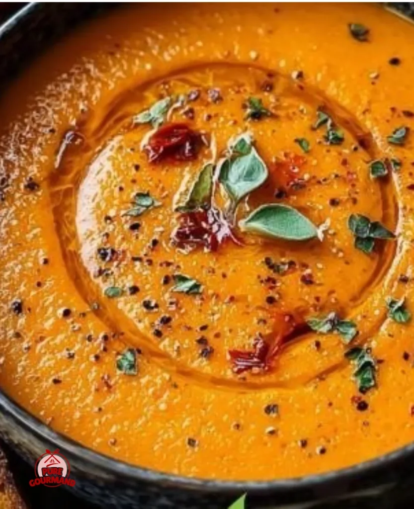 Bowl of creamy roasted garlic tomato soup, garnished with herbs.