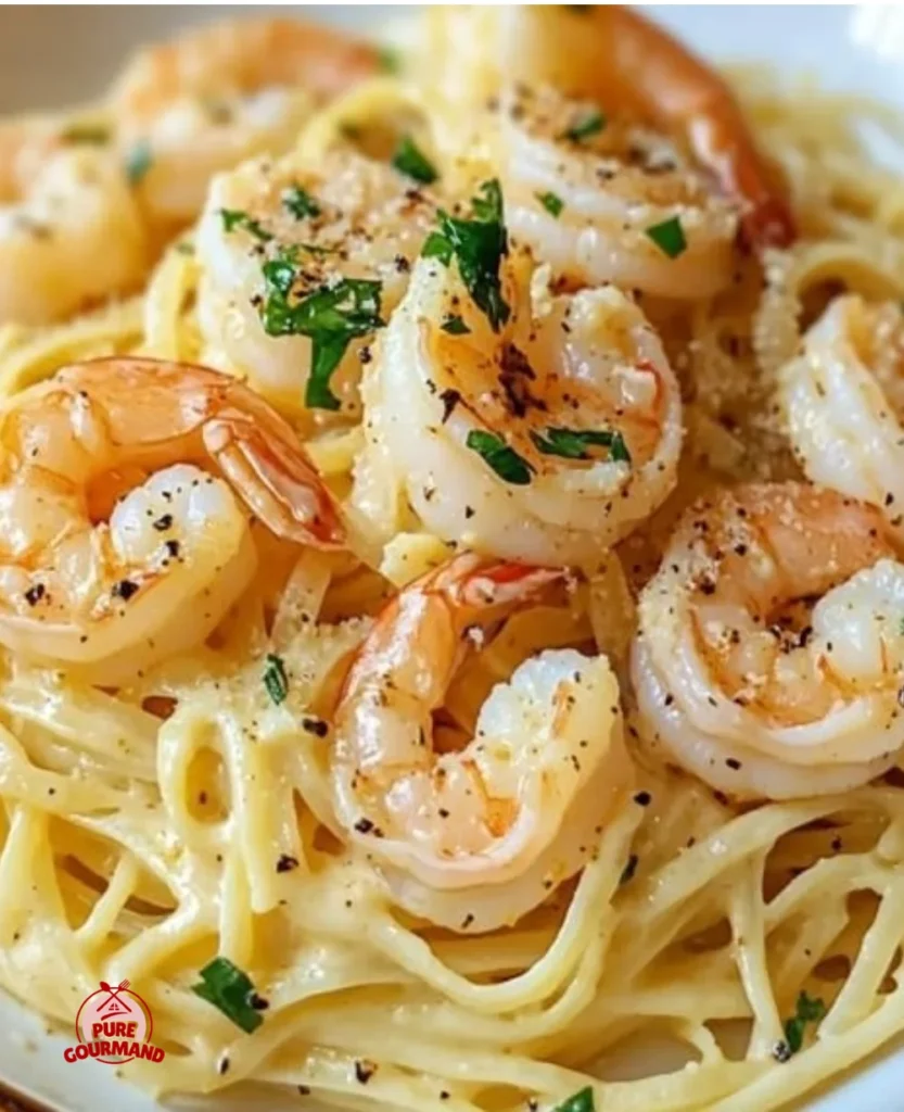 Creamy shrimp scampi garlic cream pasta in a bowl, ready for dinner.