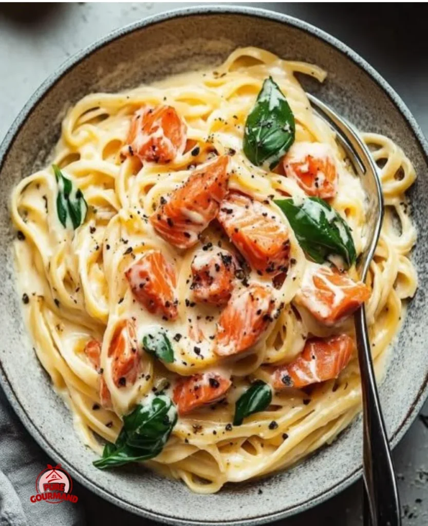 A delicious bowl of creamy smoked salmon carbonara topped with fresh herbs.