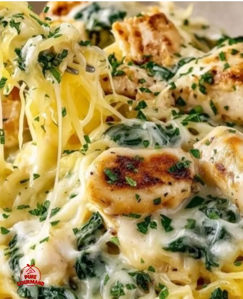Creamy Spinach Alfredo Bake with spaghetti squash, chicken, and spinach in a dish.