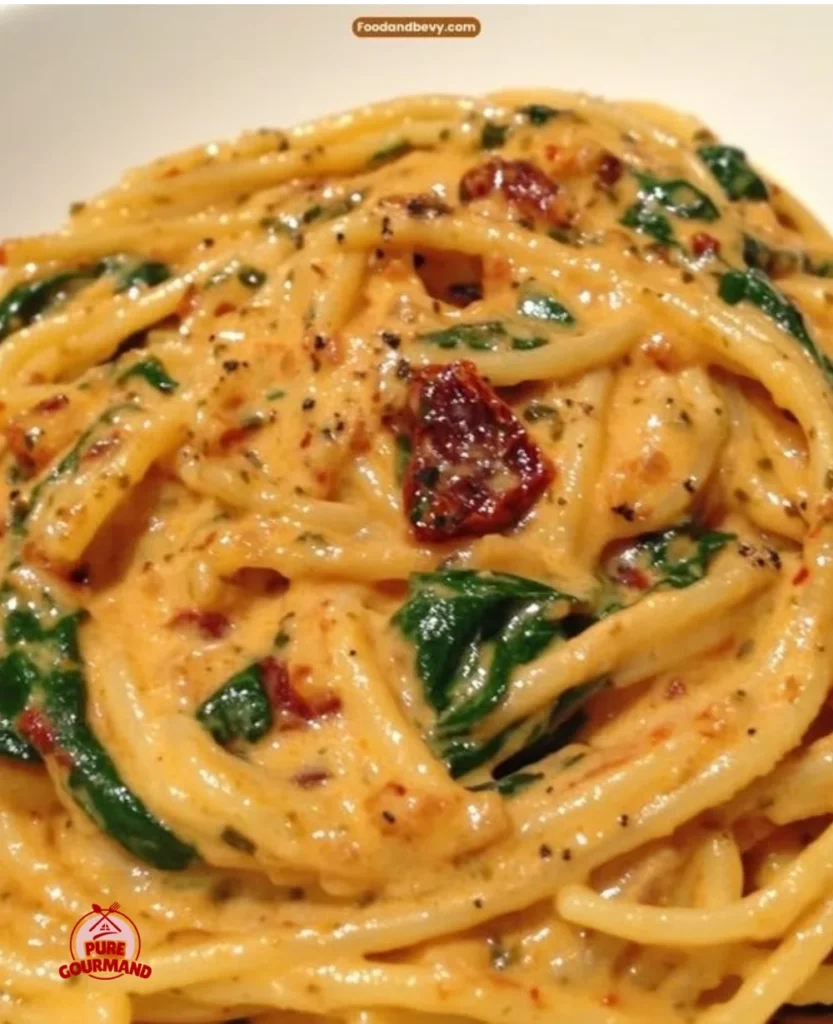 Bowl of creamy spinach spaghetti with sun-dried tomatoes, a vibrant weeknight dish.