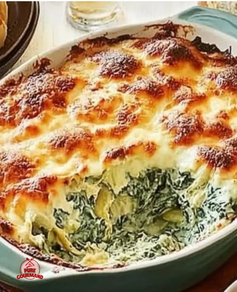 Creamy spinach artichoke dip served in a bowl with a garnish