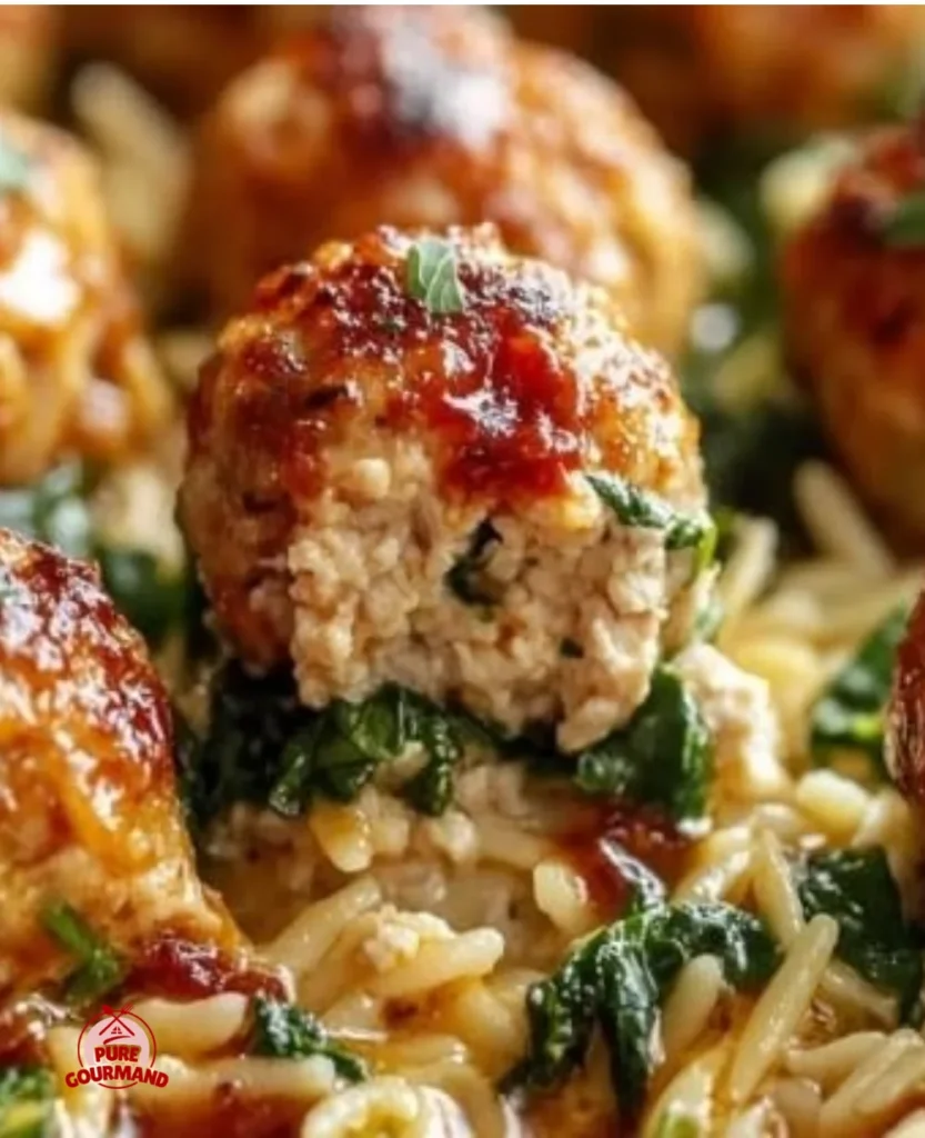 Creamy spinach orzo and baked chicken ricotta meatballs served on a plate.