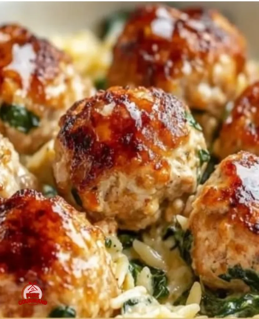 Creamy spinach orzo with baked chicken ricotta meatballs served in a cozy setting.