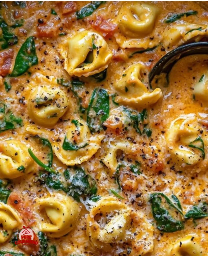 Bowl of creamy tomato spinach tortellini topped with fresh spinach and tomatoes