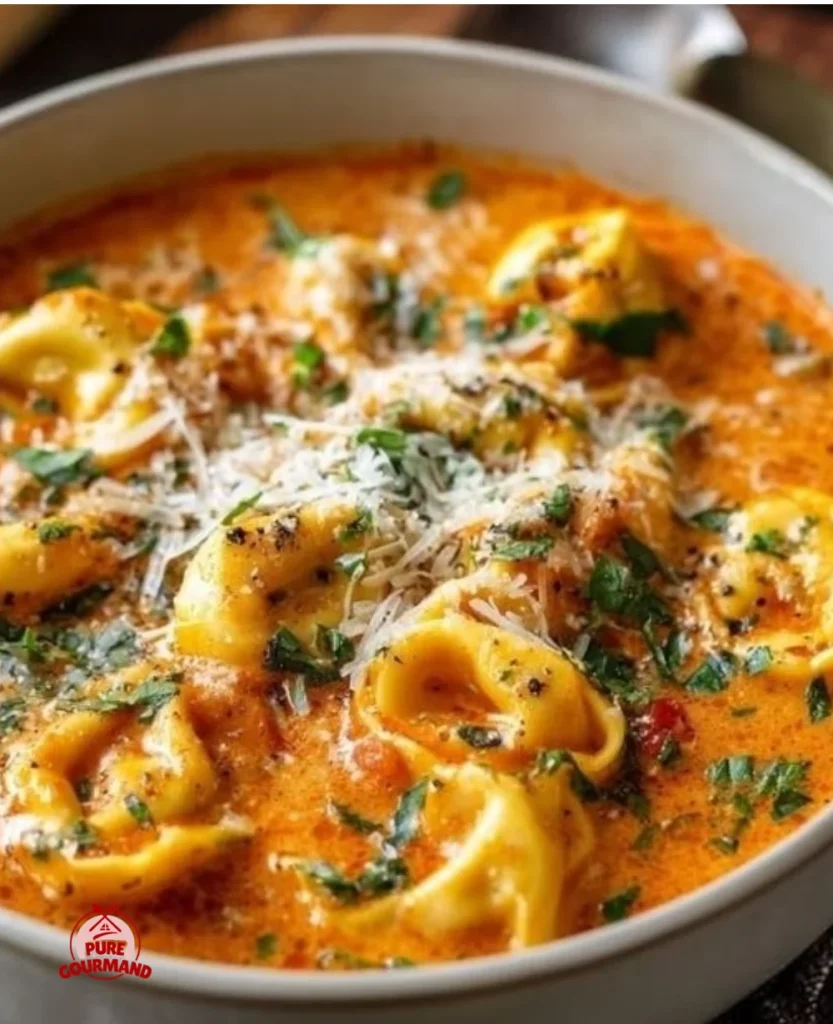 Bowl of creamy tomato tortellini soup garnished with herbs
