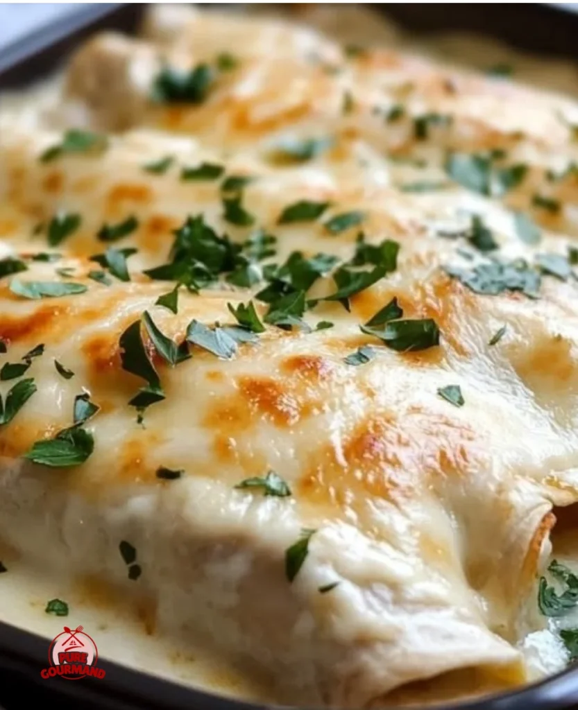 Delicious creamy white chicken enchiladas served in a cozy setting