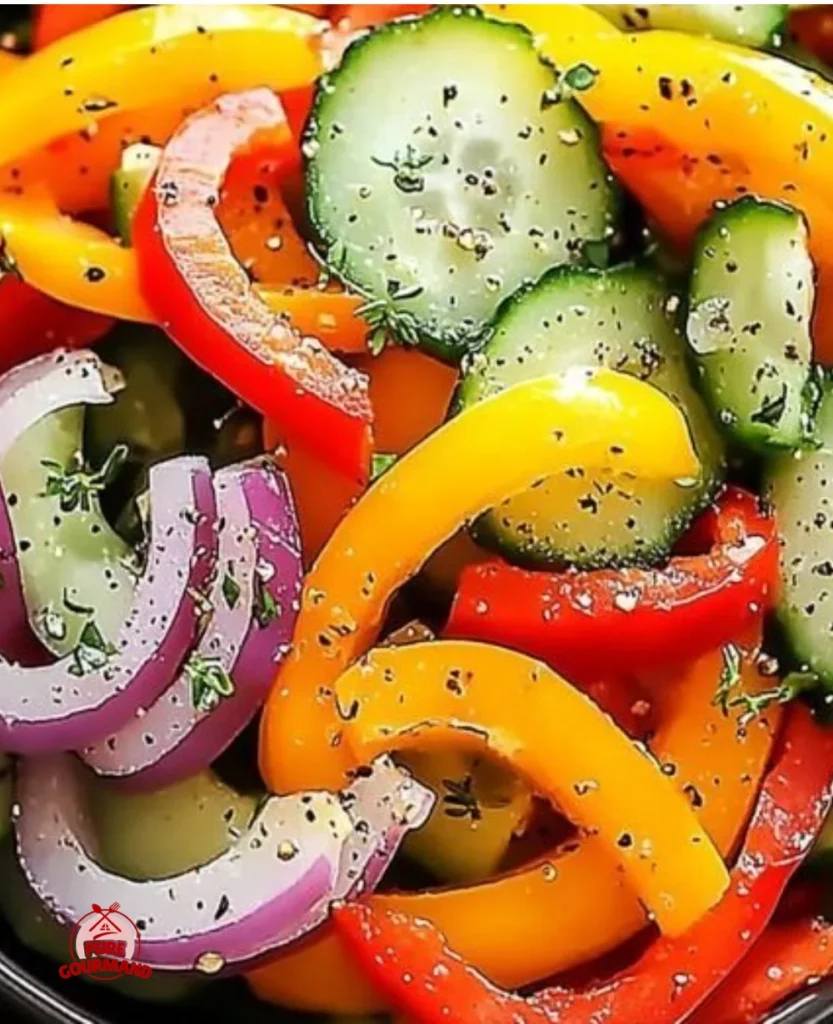 Crisp cucumber salad with sweet peppers in a bowl, perfect for a healthy dish.