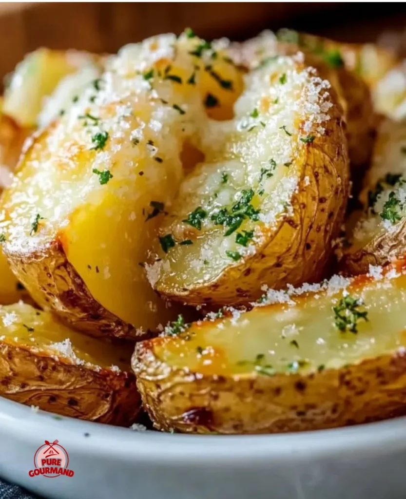 Crispy air fryer baked garlic parmesan potatoes served in a bowl